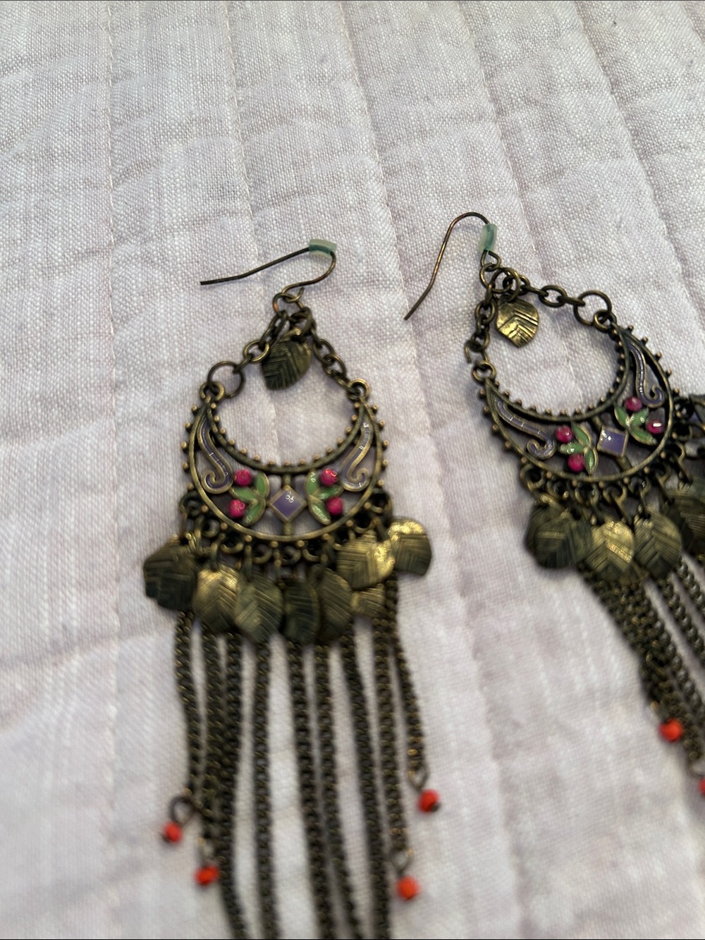 Bohemian Brass Leaf Fringe Earrings with Pink and Coral Accents - Picture 2 of 2